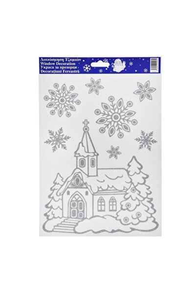 OEM Autocolante Decorative de Craciun Biserica Fulgi Glitter Argintiu 20x30cm