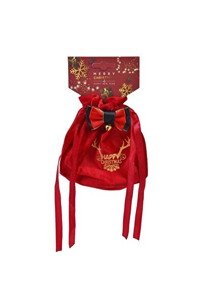 OEM Red Velvet Bag with Gold Horns Bells Bow for Christmas Gifts 14x17cm