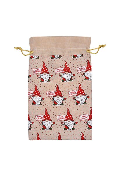 OEM Beige Textile Christmas Gift Bag with Gnome Figurines 15x24cm