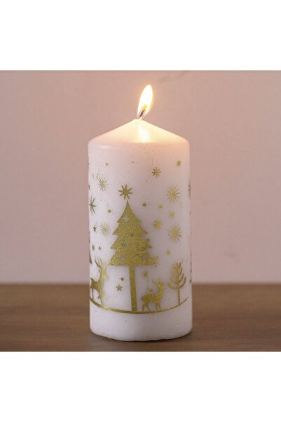 OEM Lumanare de Craciun Alba cu Brazi Aurii Ø7x15cm