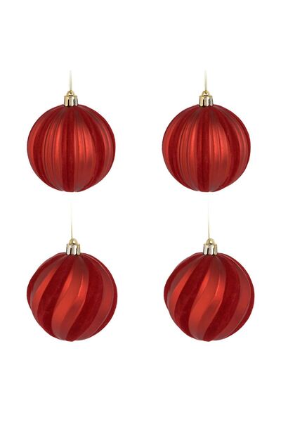 OEM Set Globuri de Craciun Rosii Mate cu Dungi Catifelate Ø10cm - 4buc