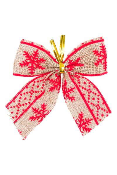 OEM Decorative Christmas Bows Beige Red Details 9cm - 6pcs