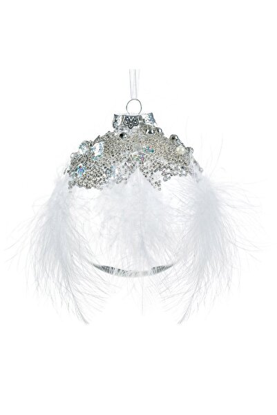 OEM Ornament Brad de Craciun Glob Transparent cu Strass Argintiu & Pene Albe ...