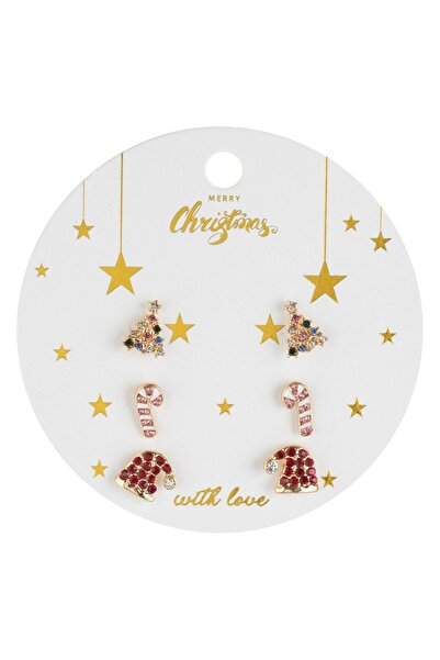 OEM Set of Christmas Tree Cane Hat Strass Earrings in Gold Color - 3 pairs