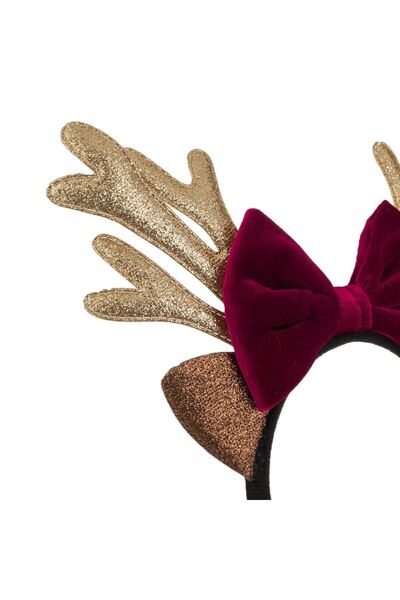 OEM Christmas Hair Wreath Reindeer Antlers with Red Bow & Gold Glitter Brown 14cm