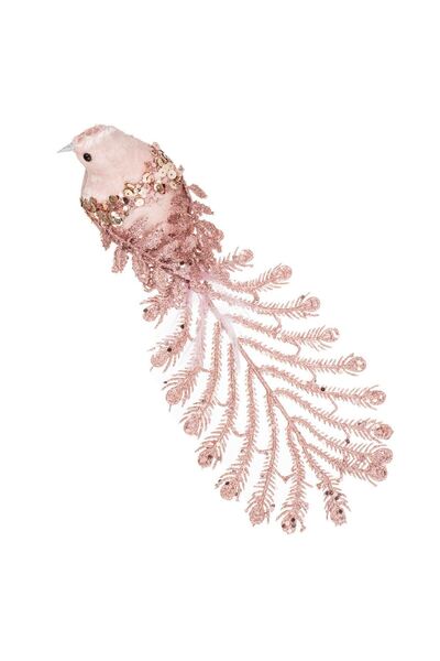 OEM Pasare Decorativa de Craciun cu Clip Coada Lunga & Glitter Roz 35x7x9cm