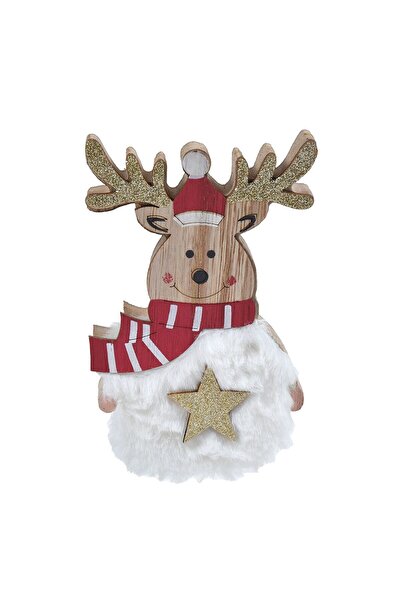 OEM Decoratiune din Lemn de Craciun Cerb Blana Artificiala Stea & Fular 13cm