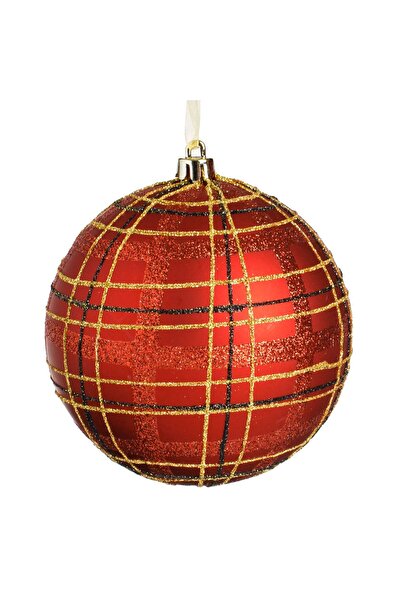 OEM Ornament Brad de Craciun Glob Rosu Mat in Carouri Rosii Aurii Negre Glitt...