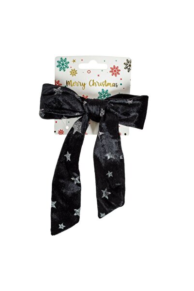 OEM Christmas Hair Clip Black Velvet Bow with Silver Glitter Stars 16cm