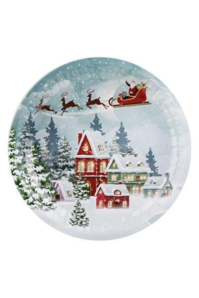 OEM Farfurie Decorativa Metalica de Craciun Farfurie Bleu cu Model Sat Nins Ø26cm