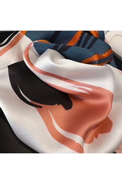 Accessories Hei Navy Blue Orange Patterned Stylish Silk-Look Women's Accessory Scarf Foulard