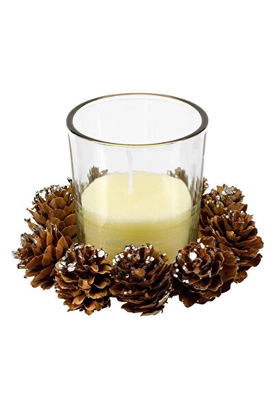 OEM Ecru Christmas Candle in Glass with Cones 9x9x5cm