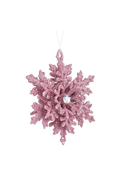 OEM Christmas Tree Ornament 3D Pink Snowflake with Glitter & Crystal 12x4cm