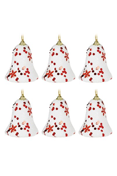 OEM Set Ornamente de Craciun Clopote Albe Flori Rosii 7cm - 6buc
