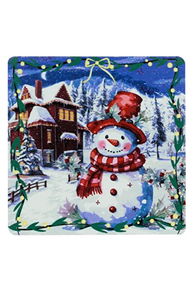 OEM Square MDF Christmas Glass Holder Vintage Snowman with House 11x11cm