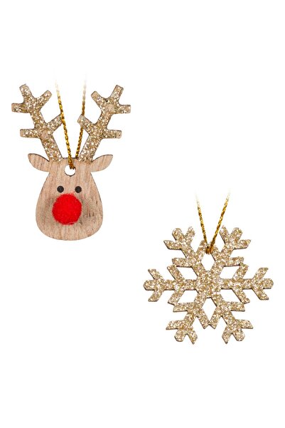 OEM Ornamente de Lemn pentru Brad de Craciun Fulgi Cerbi Glitter 4cm - 8buc