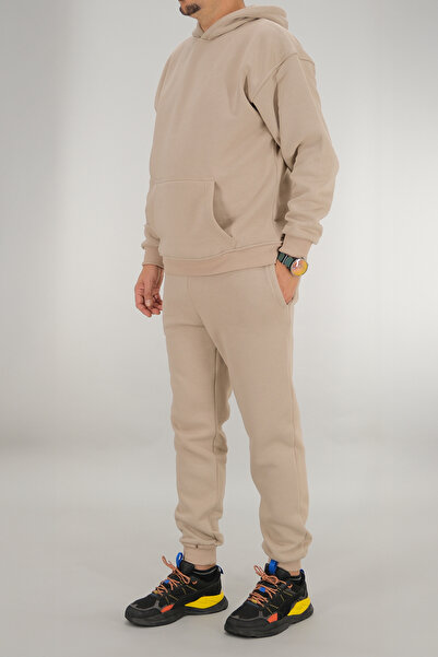Souris Men's Beige Tracksuit Set Relaxed Fit 3 Thread Fleece-Lined Hooded Drawstring Ribbed Waist