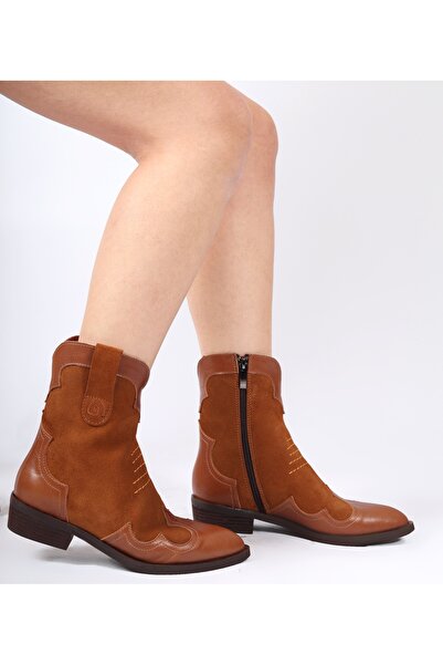 Mariolucci Hakiki Taba Deri Süet Kombin Kadın Western Bot