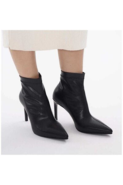 nuvilo Black Leather Stretch 8.5 cm Thin Heel Pointed Toe Women's Short Boots