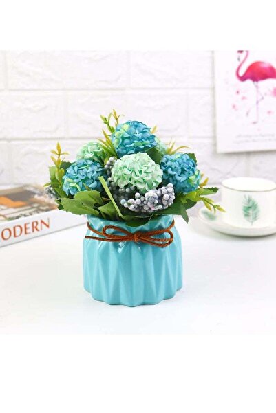 Generic KASTWAVE Artificial Hydrangea Bouquet with Small Ceramic Vase, Fake Silk Variety Balls Flowers Arra