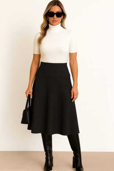 ZUM Selanik Siyah Kadın Diz Altı Kloş Midi Etek Yüksek Bel Toparlayıcı Salaş Çan Etek