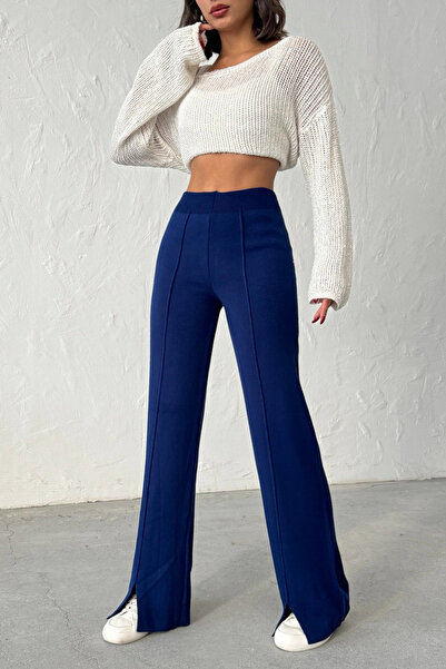 Lusin Women's Navy Blue High Waist Stylish Striped Detail Wide Leg Knitwear Trousers