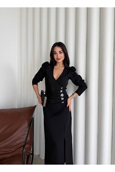 mafdress Women's Double-Breasted Collar Black Draped and Slit Long Evening Dress