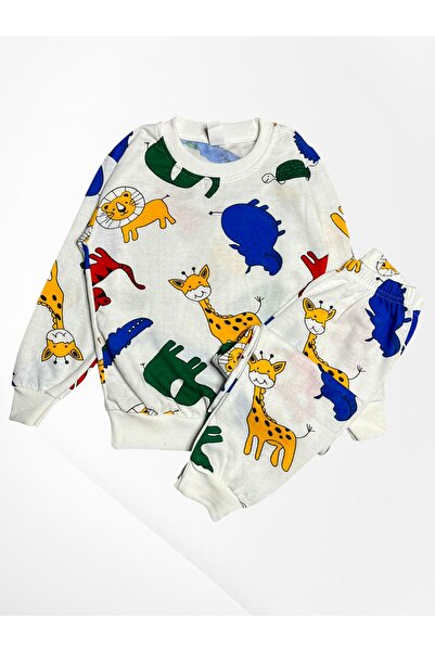 Pajama Shop Boy's Cotton White Color Safari Patterned Fleece-Lined Long Sleeve Winter Pajamas Set