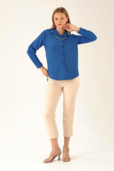 NorthAK Дамска риза Saks Blue с големи джобове от поплин за ежедневно носене