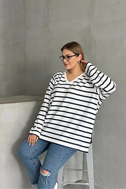 MAMAYAGA Women's V-Neck Large Size Oversized Mold Wide Slit Striped Long Sleeve Curve Yumoş Blouse