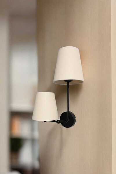 BSA LIGHTING Esi̇n Two-Head Black Painted Wall Lamp (with Cream Conical Lamp Shade)