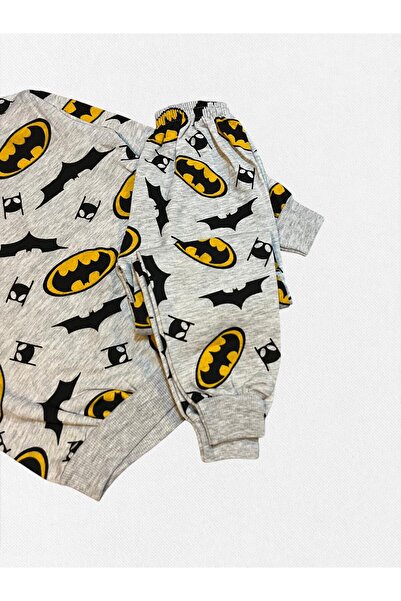 Pajama Shop Boy's Cotton Gray Color Bat Patterned Fleece-Lined Long Sleeve Winter Pajamas Set