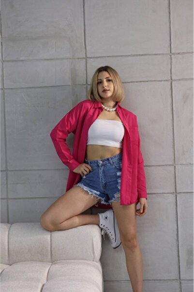 NorthAK Kadın Fuşya Cepli Oversize Poplin Gömlek Günlük