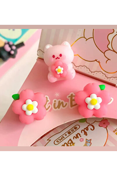 synshop Kawaii 3 Adet Mini Figür Pembe Teddy Ayıcık Sakura Çiçek Silgi Okul O...