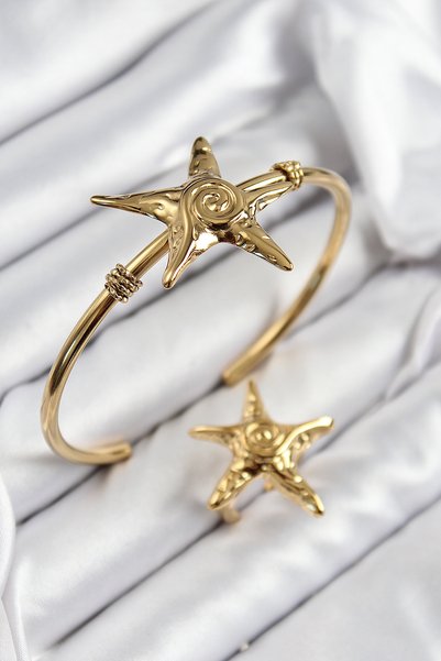 Acousticworld Brass Starfish Model Gold Color Bracelet Ring Set