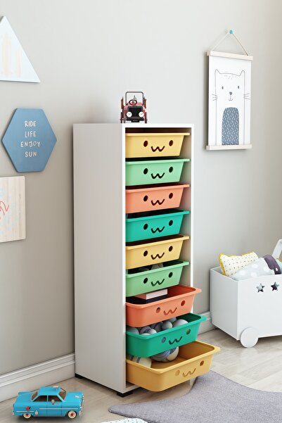 DEKOZUM KİDS Gülen Yüzlü 9 Sepetli Dolap Oyuncak Dolabı Çok Amaçlı Mutfak Ban...