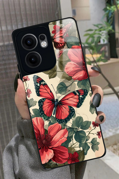 OPPO Reno 13F Uyumlu Kırmızı Kelebek Tasarımlı Glossy Premium Kılıf