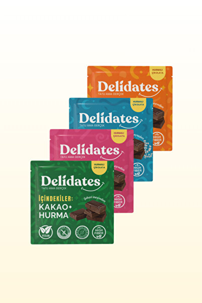 Delidates Şeker İlavesiz Doğal Çikolata 4'lü Tadım Seti | Sade, Fındıklı, Portakallı, Bademli & Deniz Tuzlu