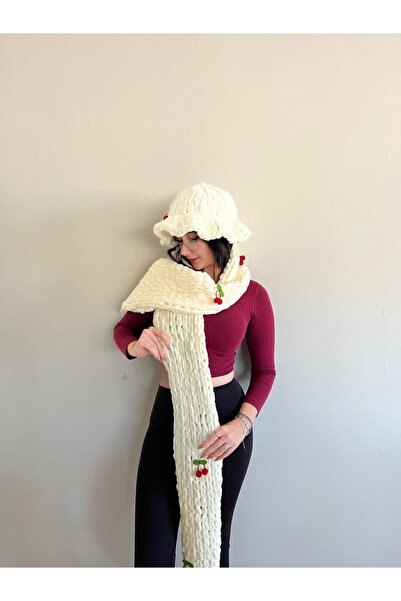 Moda Biçer Warm Soft Scarf with Cherry Plush Scarf & Hat Set