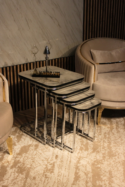 AlberoLife 4'lü Tekerlekli Koltuk Sehpası (KURULUM GEREKTİRMEZ) KROM AYAK MARMO SUNTALAM TABLA