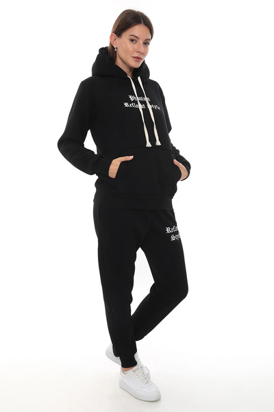 PHANTOM JEANS Black Stylish Fleece Women's Tracksuit Set with Elasticated Legs and Pockets Hooded Embroidery Detail Compact Set