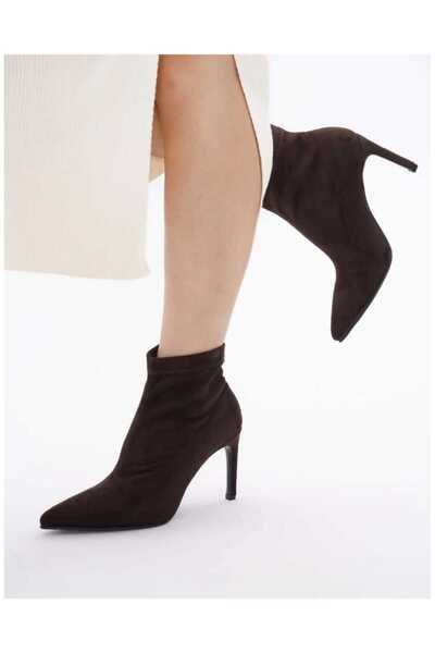 nuvilo Brown Suede Stretch 8.5 cm Thin Heel Pointed Toe Women's Short Boots
