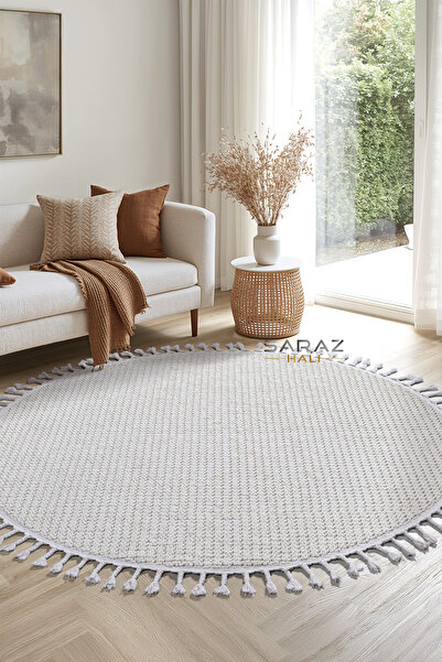 SARAZ HALI S256 Beyaz Yuvarlak Bukle Halı – Buklem Koleksiyonu Salon Halısı, Mutfak Halısı, Antre Hol Halısı