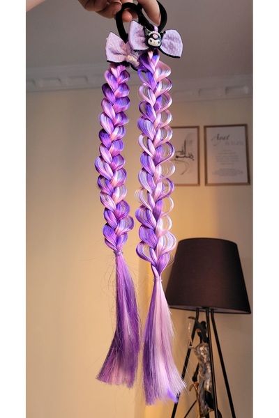 LO ADORO 2 Pieces Kuromi Anime Model Black Purple Satin Shiny Curl Braided Hair Model Length 42cm