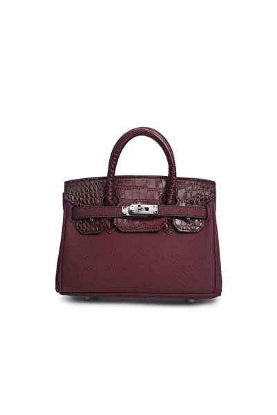 None شنطة نسائية مقاس 20 سم قفل فضي لون عنابي كروك