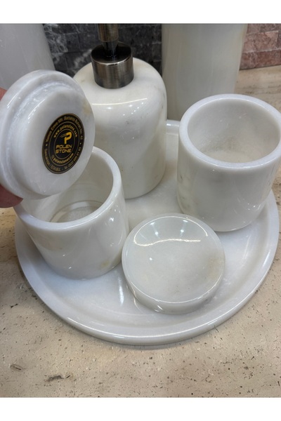 Polen Stone 100% Natural Marble 7 Piece Bathroom Set – Polished Marble / Antique Silver Varnished Accessories