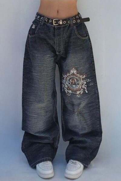 ARS Butik Black Washed P Patch Embroidery Detail Vintage Baggy Y2K Pants