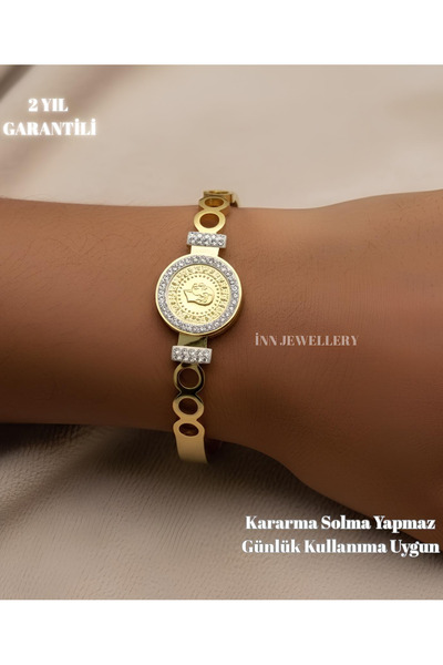 İNN JEWELLERY Çelik Kelepçe Bileklik Kararmaz Antialerjik Çeyrekli Figürlü (2 Yıl İthalatçı Garantili)