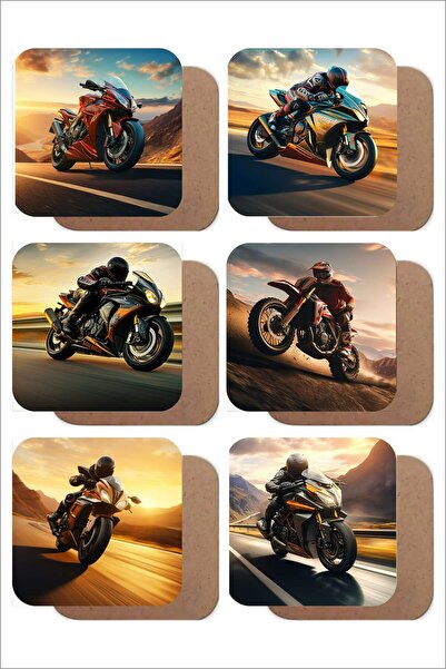 UNT Motorcycle Themed Set of 6 Mdf Uv Printing Coasters – Colorful Modern Design