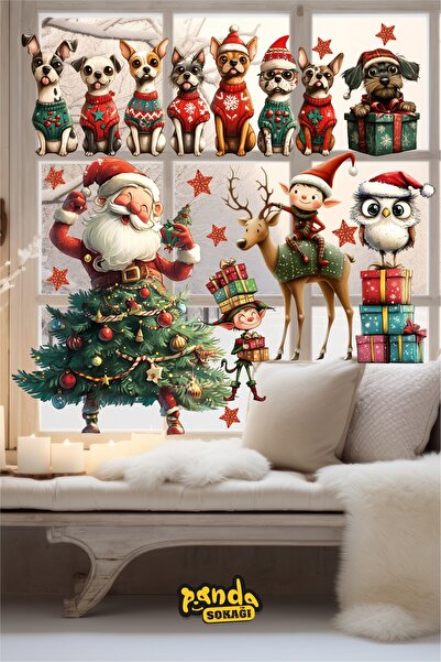 PANDA SOKAĞI 2026 New Year Sticker Santa Claus Pine Tree and Friends Cute Dogs Wall Window Sticker